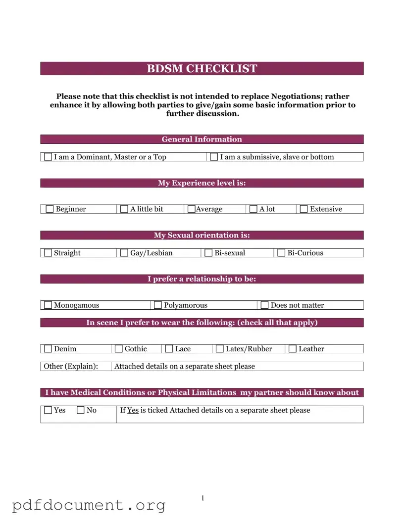 Fill Out Your Bdsm Checklist Form