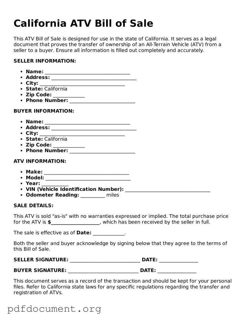Blank ATV Bill of Sale Form for California State