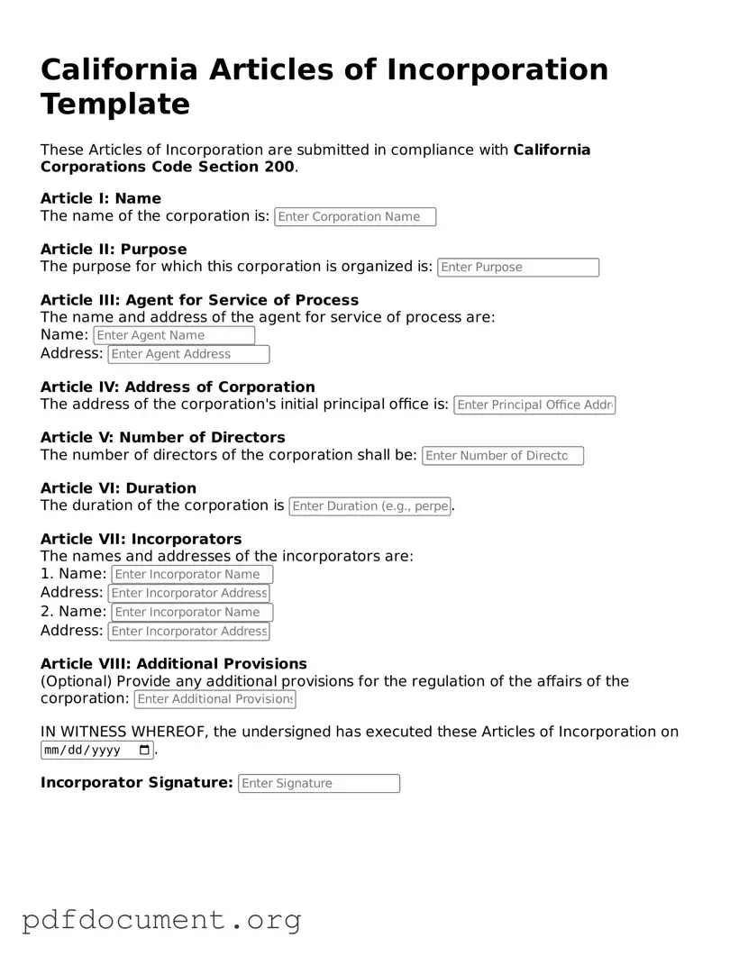 Blank Articles of Incorporation Form for California State