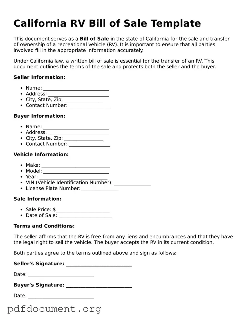 Blank RV Bill of Sale Form for California State