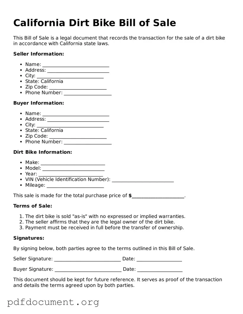 Blank Dirt Bike Bill of Sale Form for California State