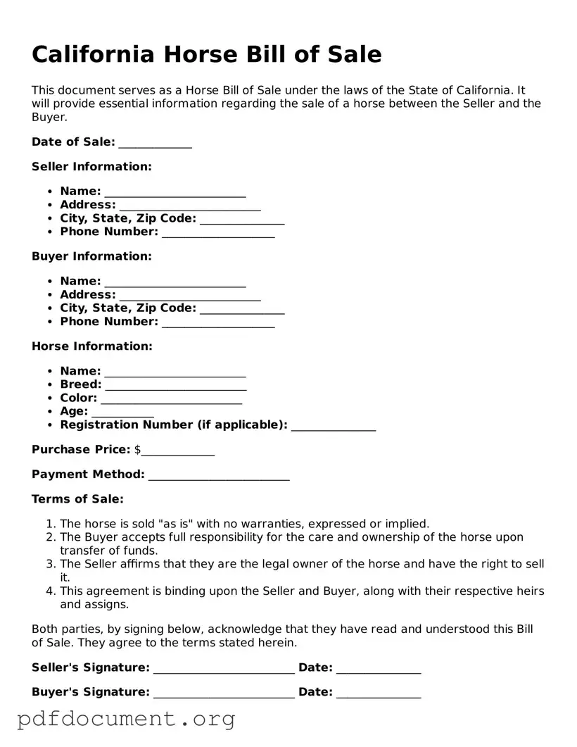 Blank Horse Bill of Sale Form for California State