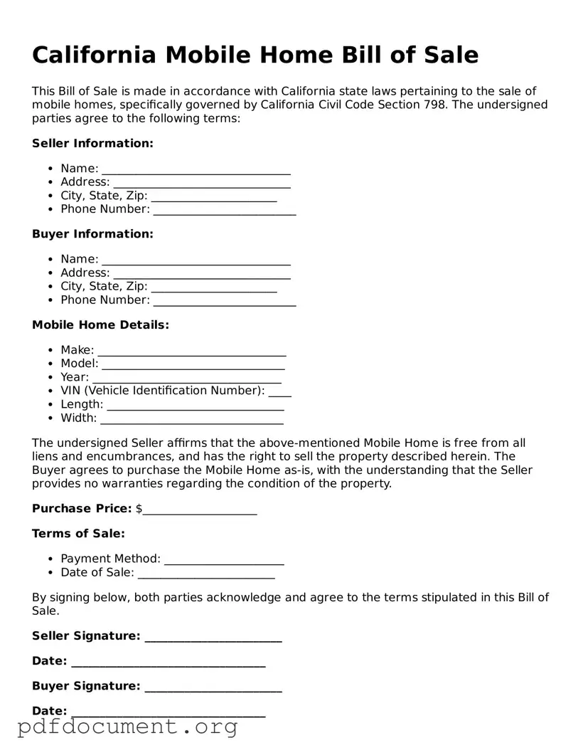 Blank Mobile Home Bill of Sale Form for California State