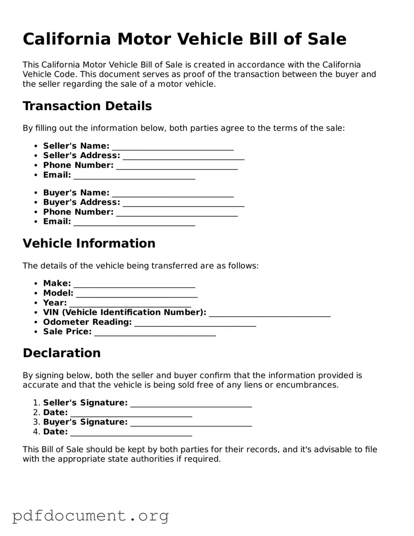 Blank Motor Vehicle Bill of Sale Form for California State