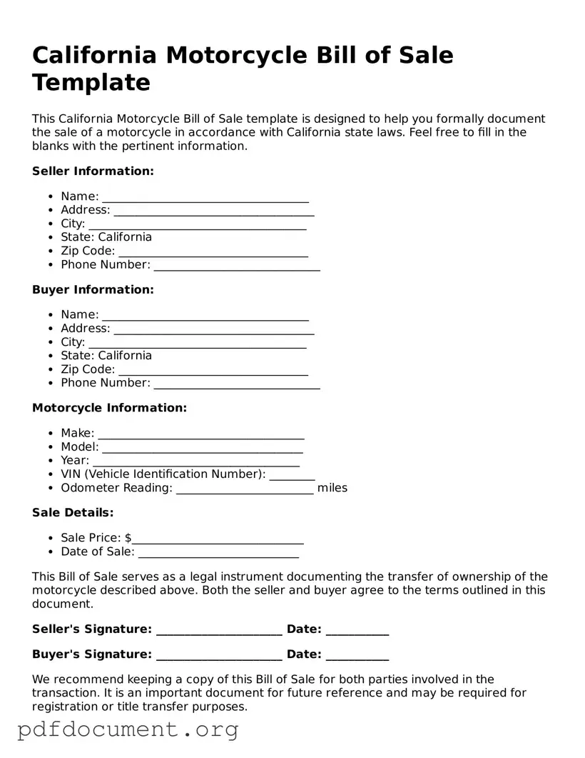 Blank Motorcycle Bill of Sale Form for California State