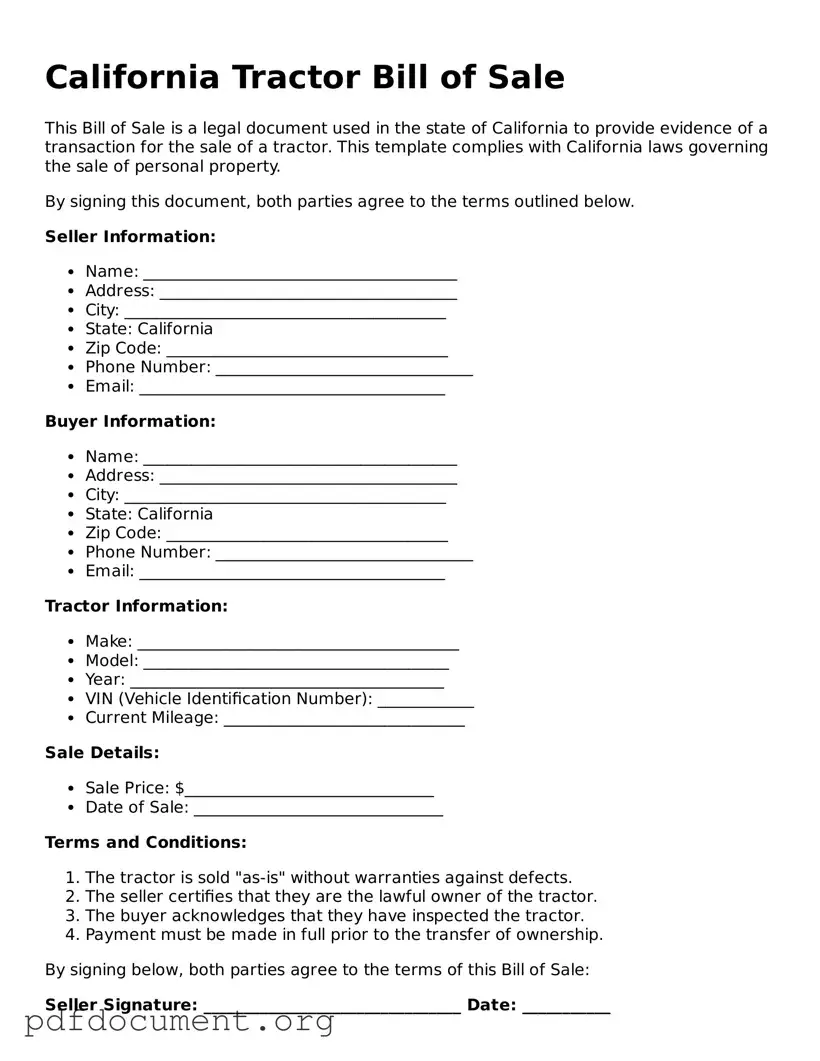Blank Tractor Bill of Sale Form for California State