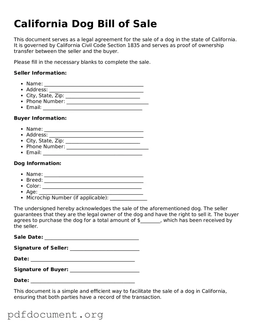 Blank Dog Bill of Sale Form for California State