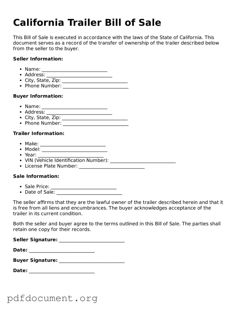 Blank Trailer Bill of Sale Form for California State