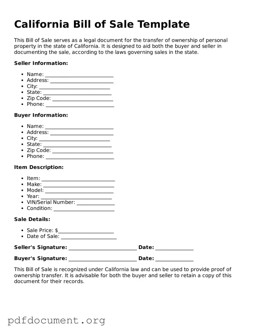 Blank Bill of Sale Form for California State