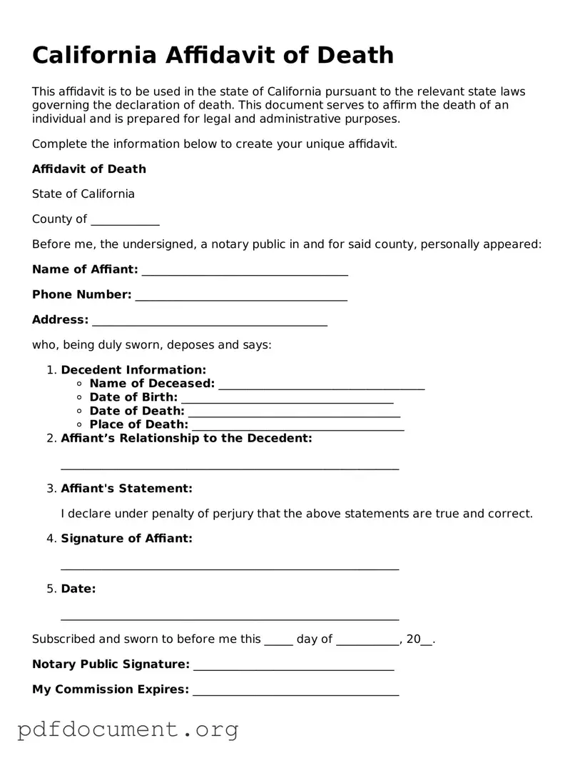 Blank Affidavit of Death Form for California State