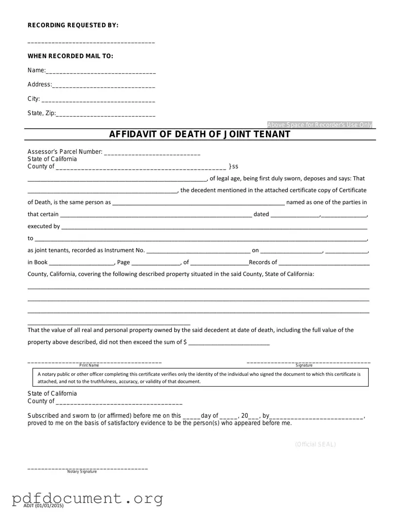 Fill Out Your California Death of a Joint Tenant Affidavit Form