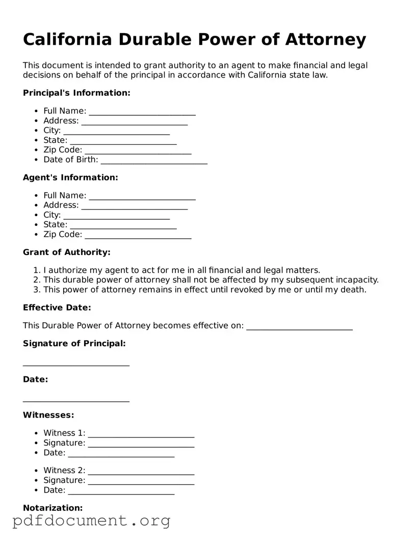 Blank Durable Power of Attorney Form for California State