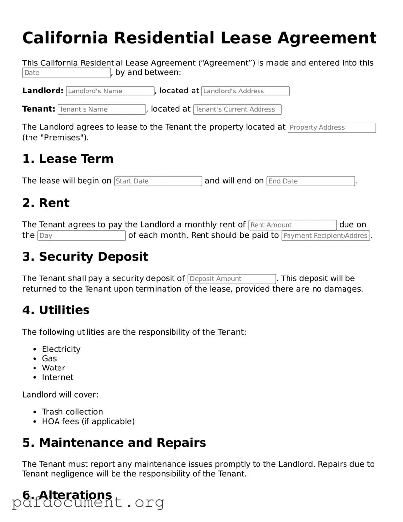 Blank Residential Lease Agreement Form for California State