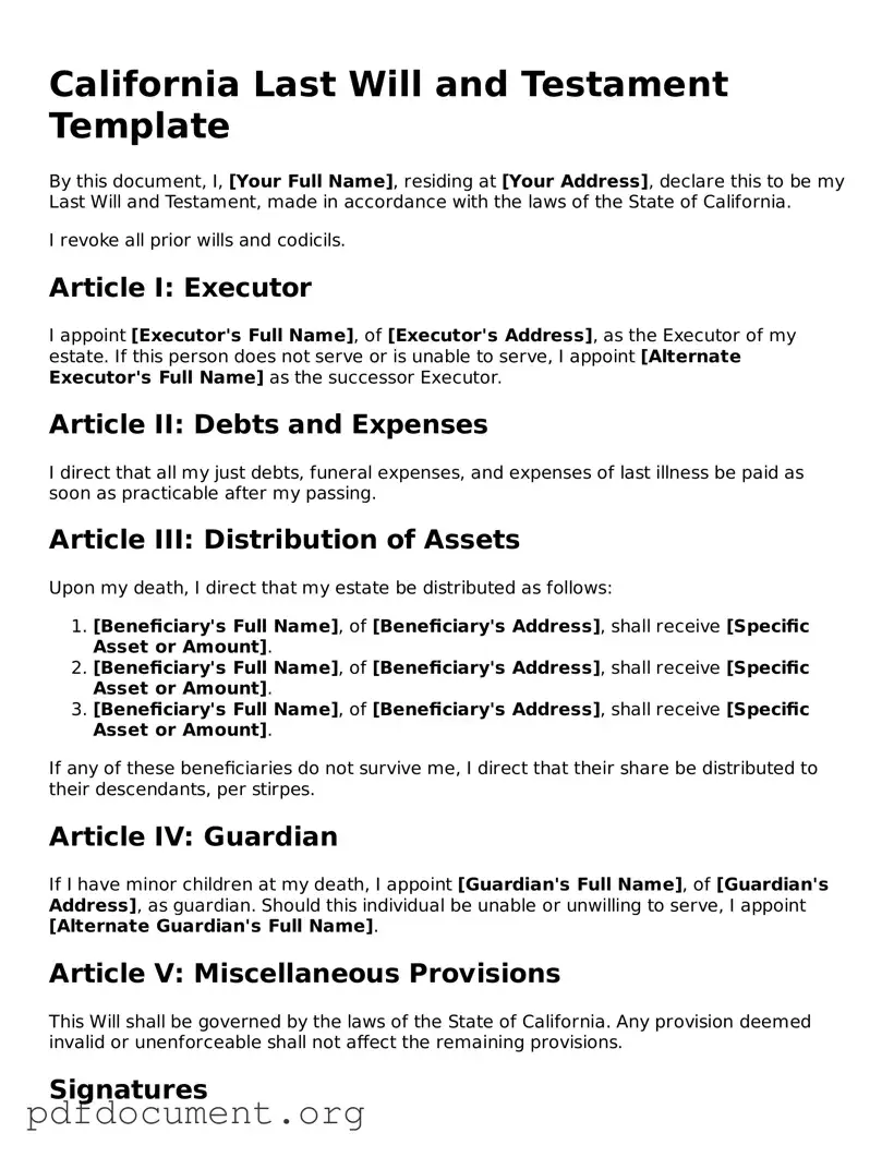 Blank Last Will and Testament Form for California State