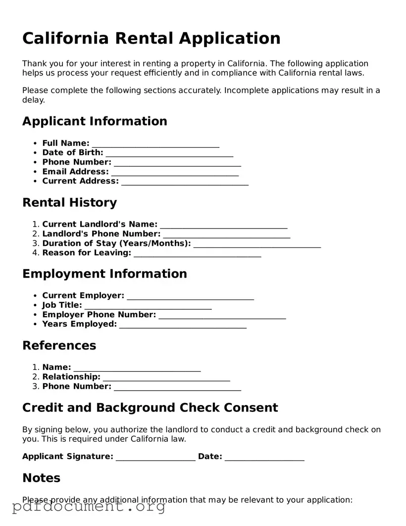 Blank Rental Application Form for California State