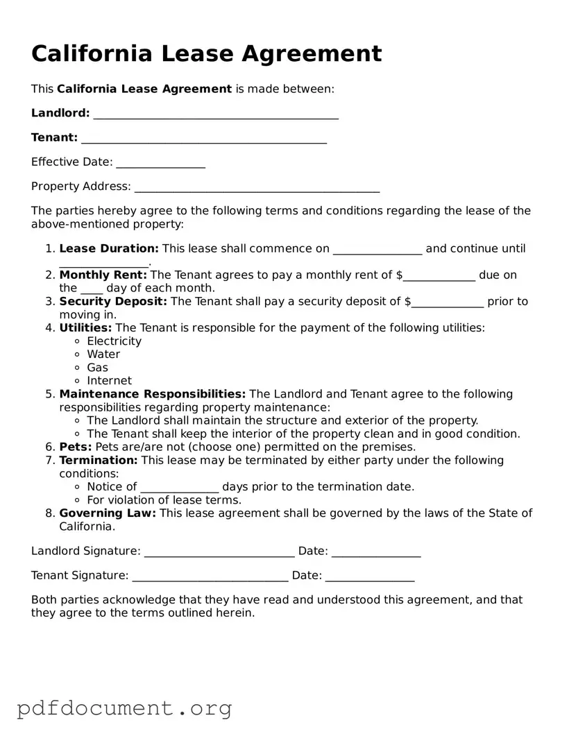 Blank Lease Agreement Form for California State