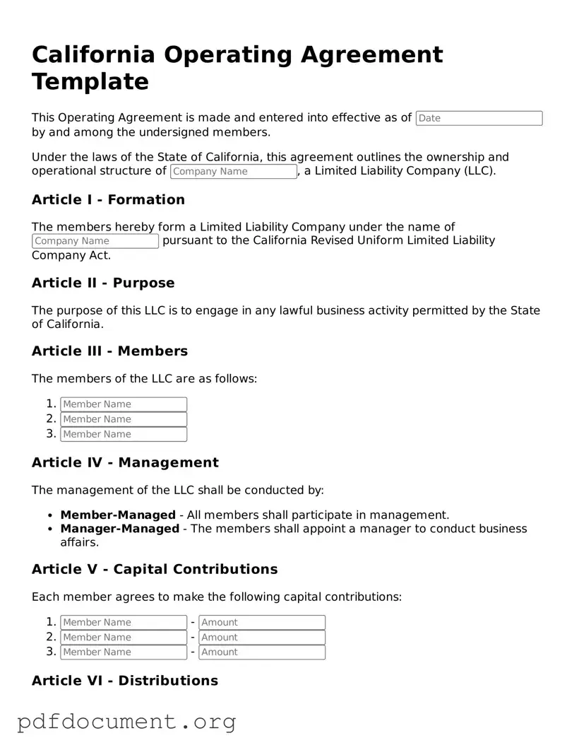 Blank Operating Agreement Form for California State