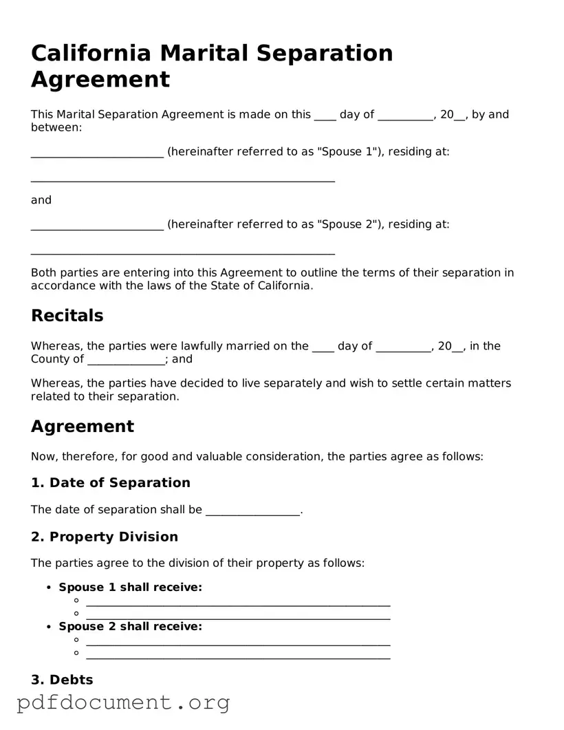 Blank Marital Separation Agreement Form for California State