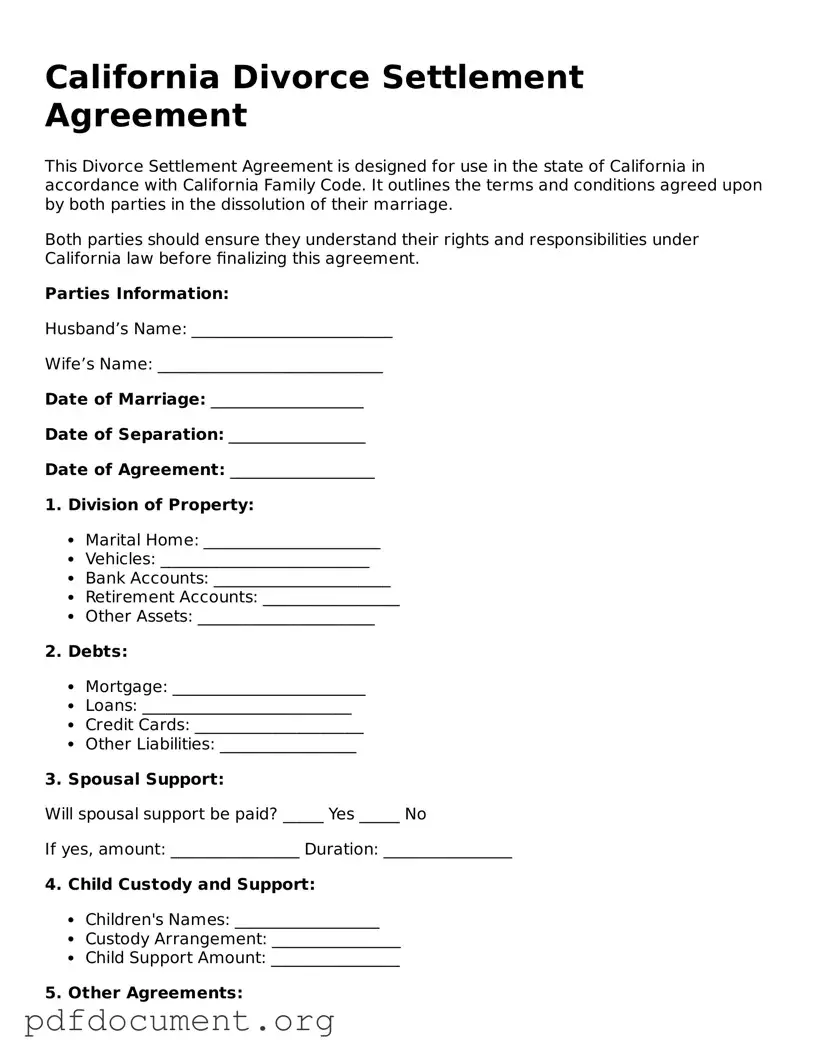 Blank Divorce Settlement Agreement Form for California State