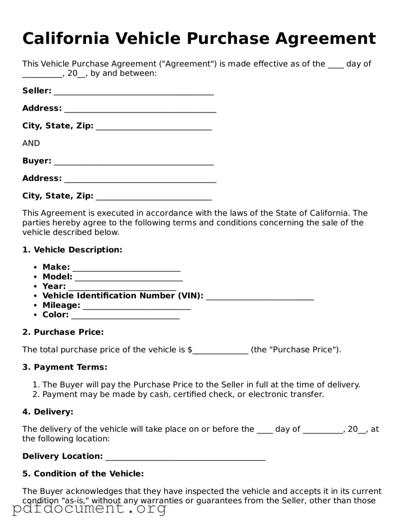 Blank Vehicle Purchase Agreement Form for California State