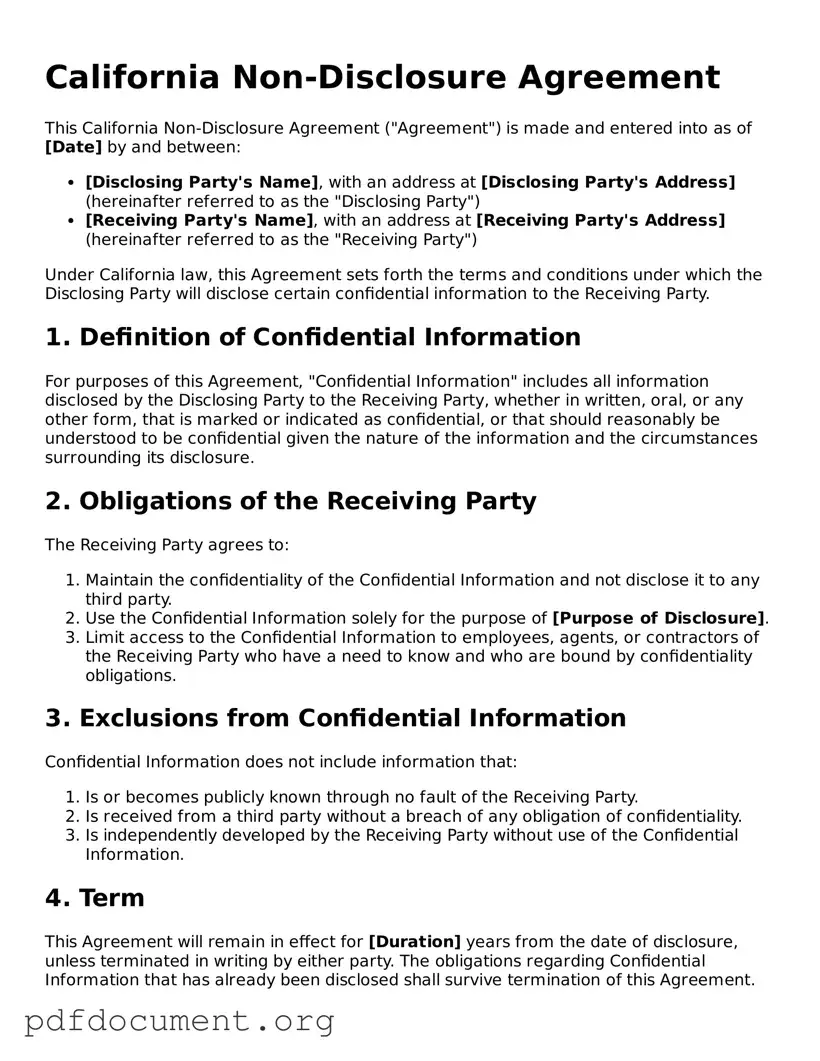 Blank Non-disclosure Agreement Form for California State