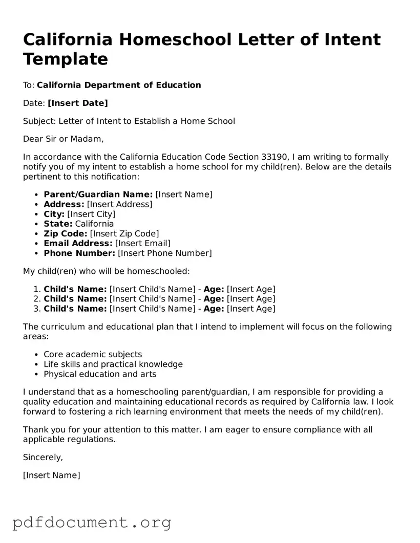 Blank Homeschool Letter of Intent Form for California State