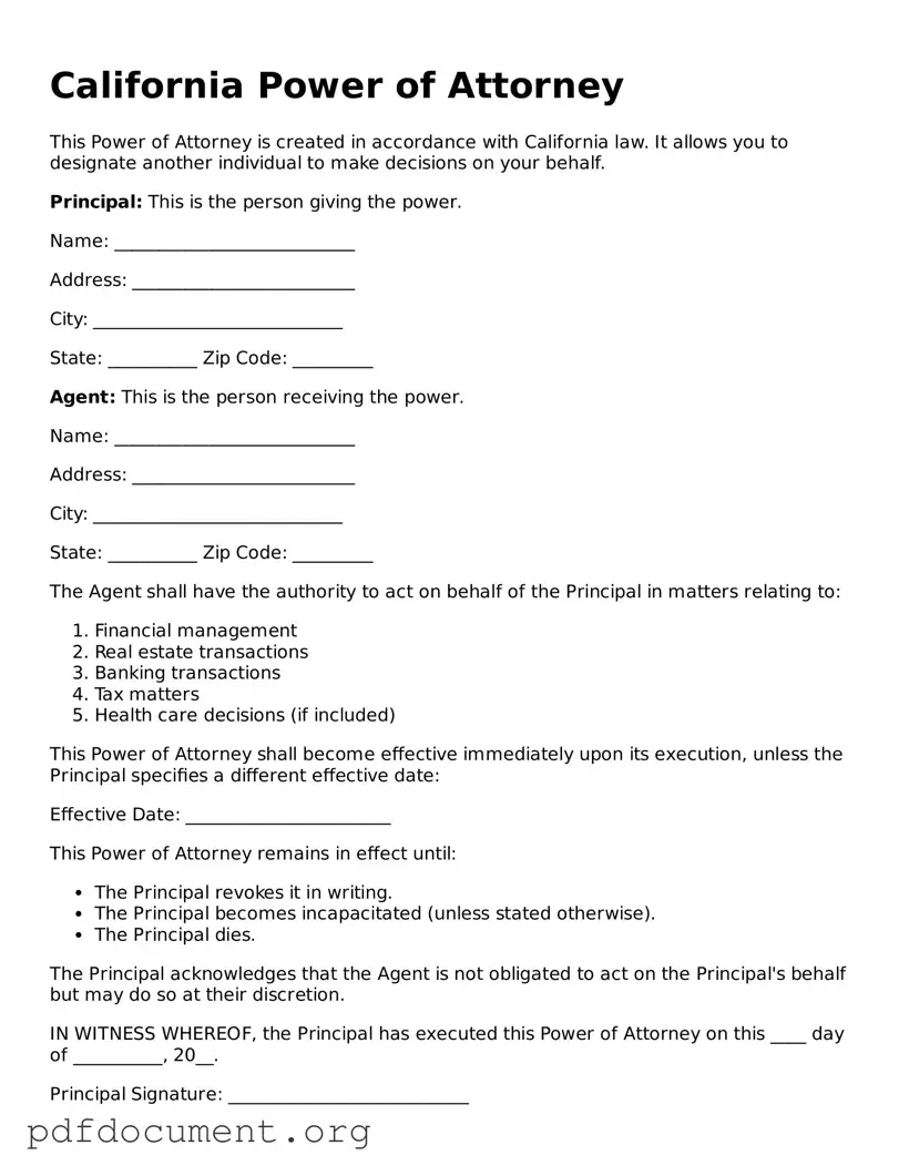 Blank Power of Attorney Form for California State