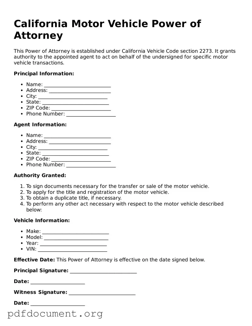 Blank Motor Vehicle Power of Attorney Form for California State