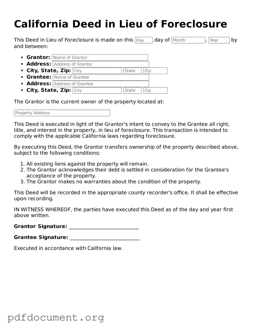 Blank Deed in Lieu of Foreclosure Form for California State
