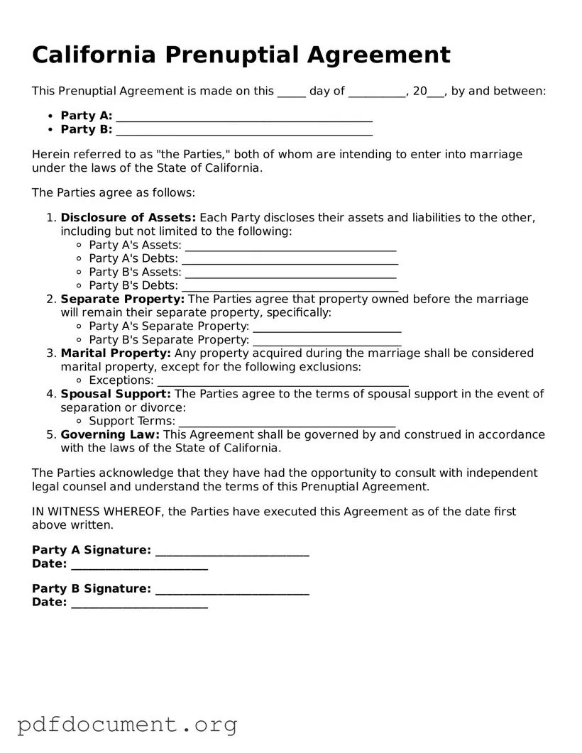 Blank Prenuptial Agreement Form for California State