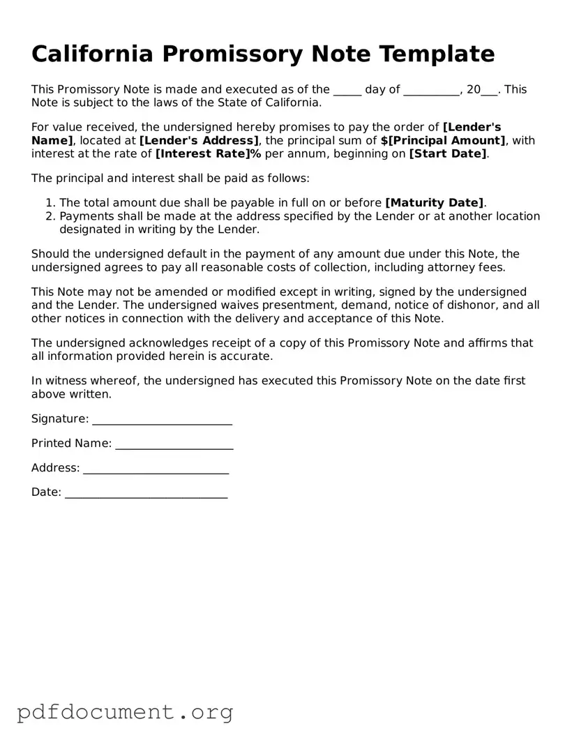 Blank Promissory Note Form for California State