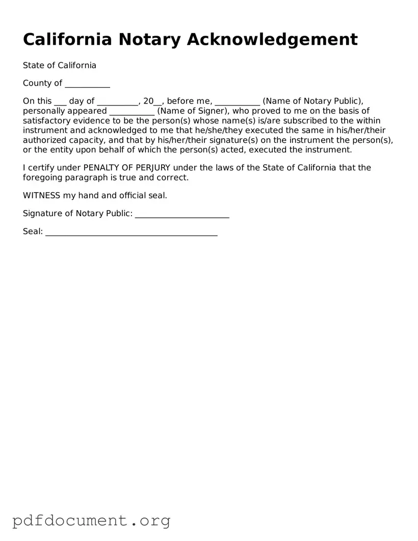 Blank Notary Acknowledgement Form for California State