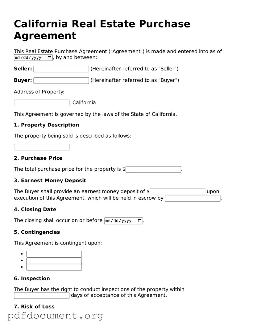 Blank Real Estate Purchase Agreement Form for California State