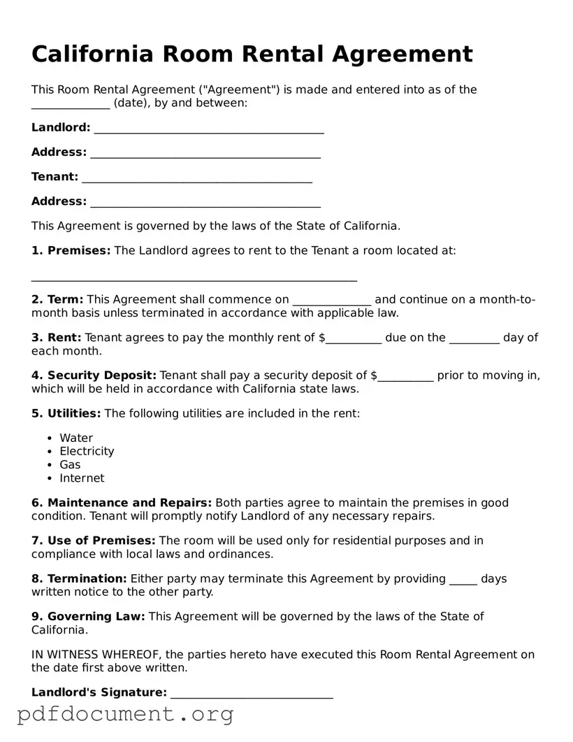 Blank Room Rental Agreement Form for California State