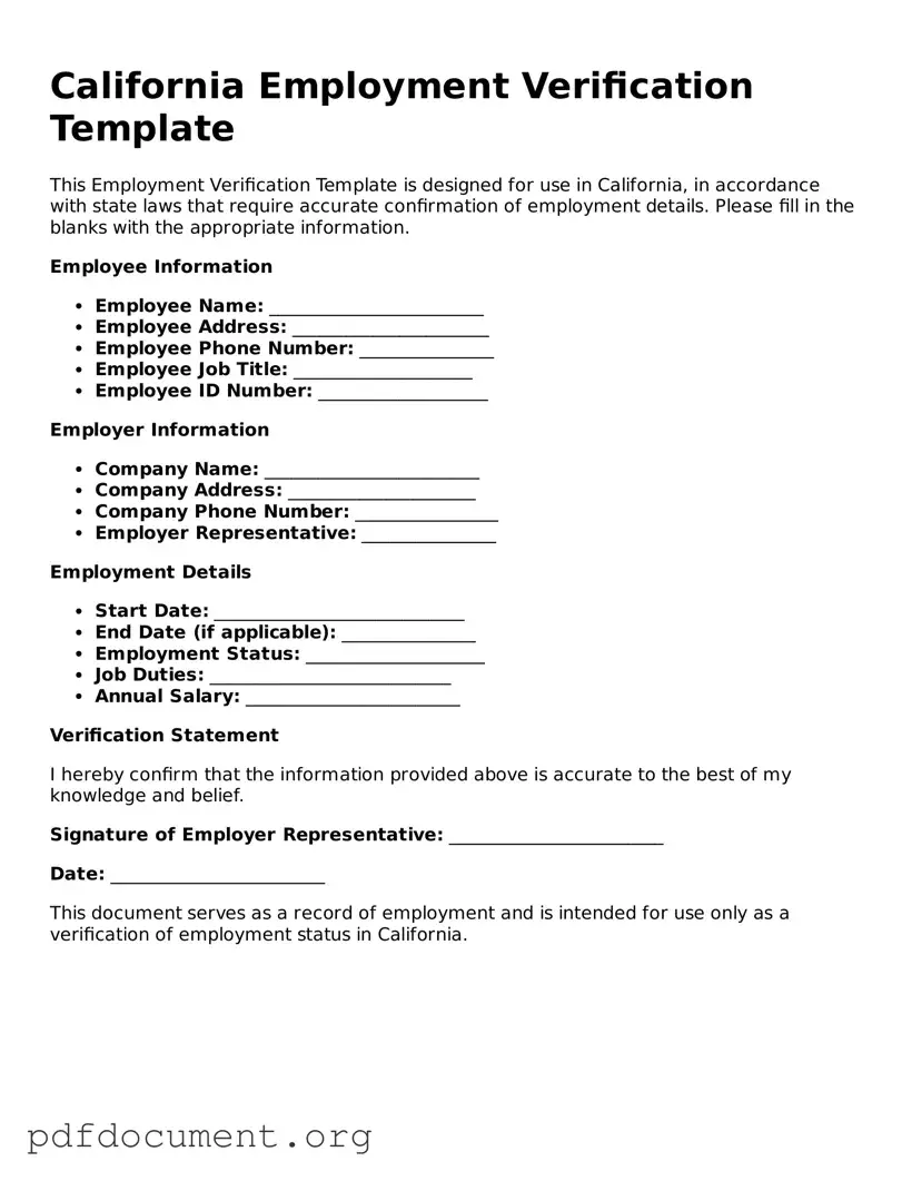 Blank Employment Verification Form for California State