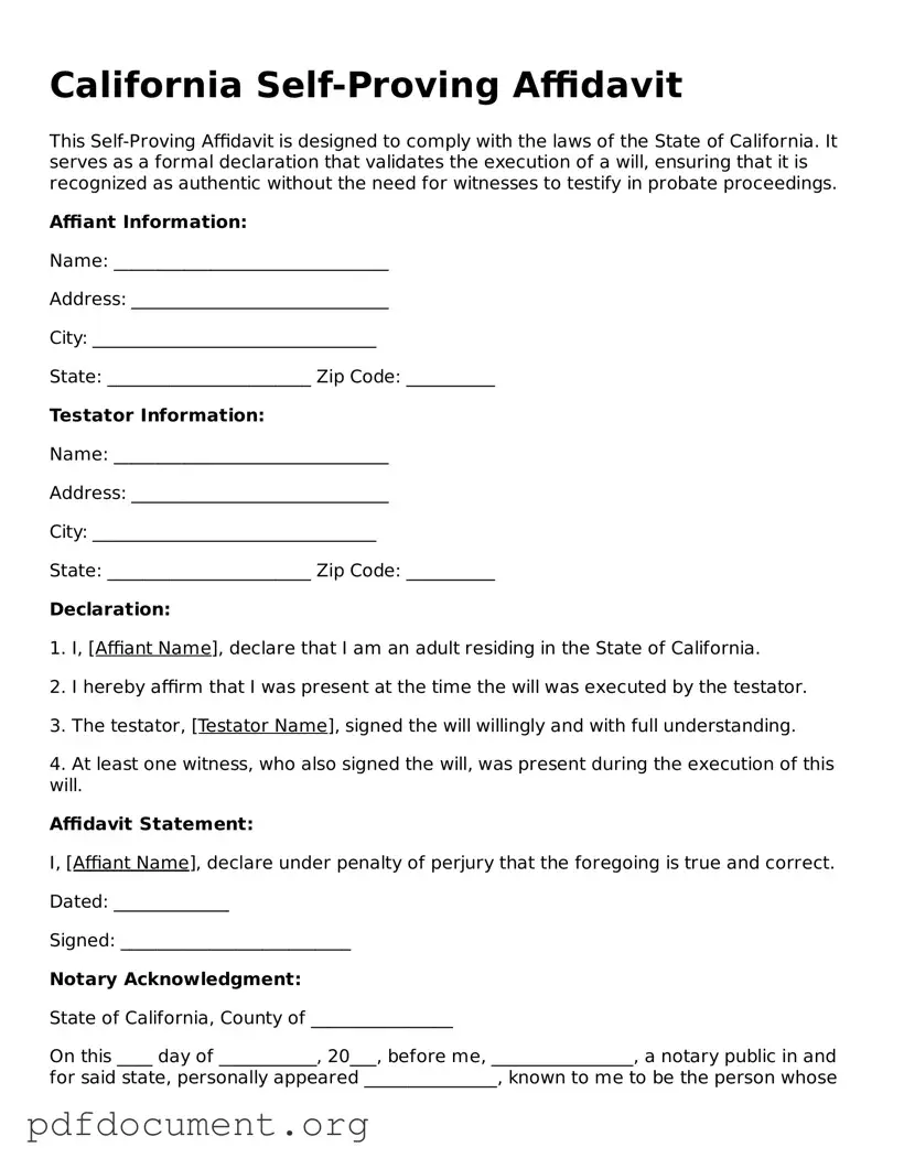 Blank Self-Proving Affidavit Form for California State