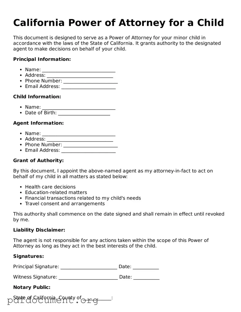 Blank Power of Attorney for a Child Form for California State