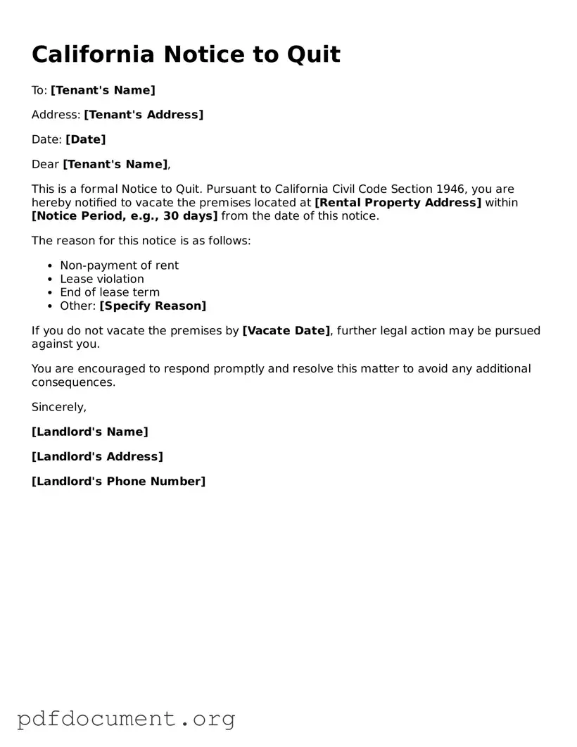 Blank Notice to Quit Form for California State