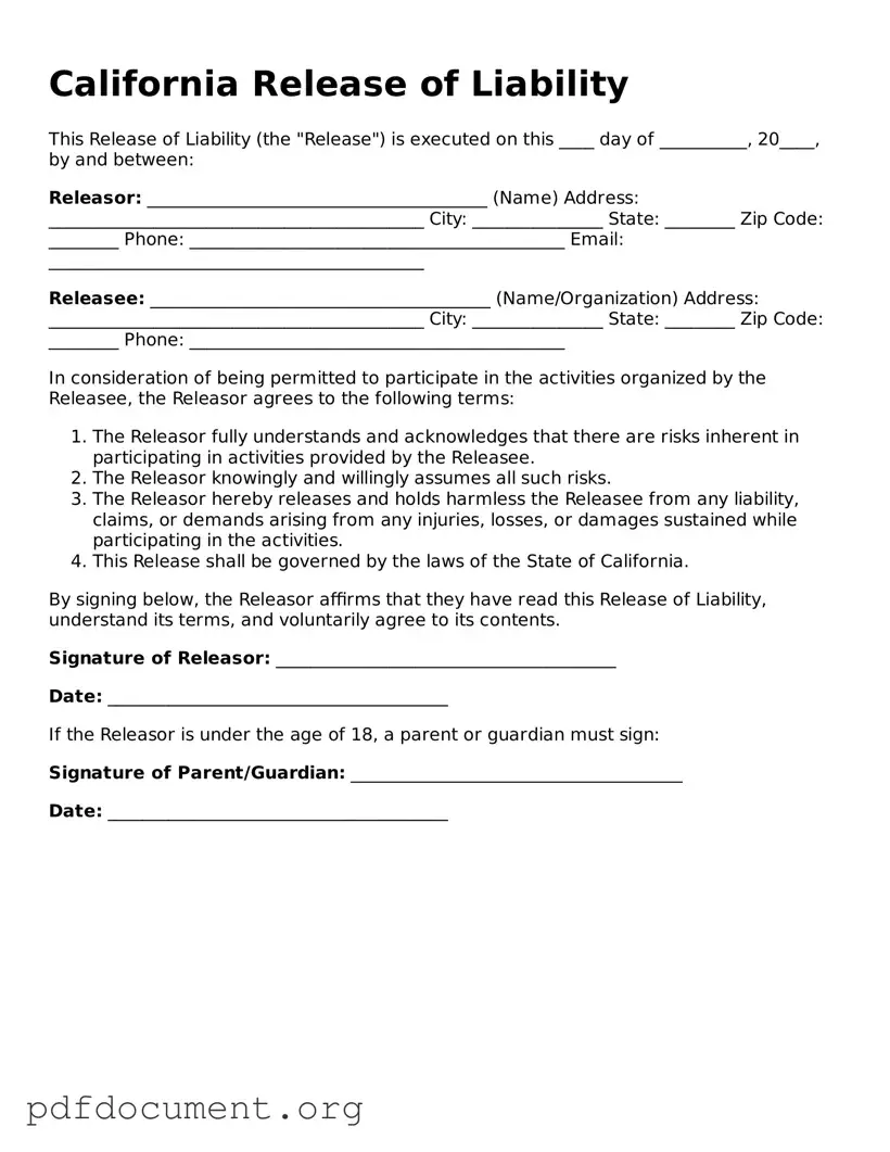 Blank Release of Liability Form for California State