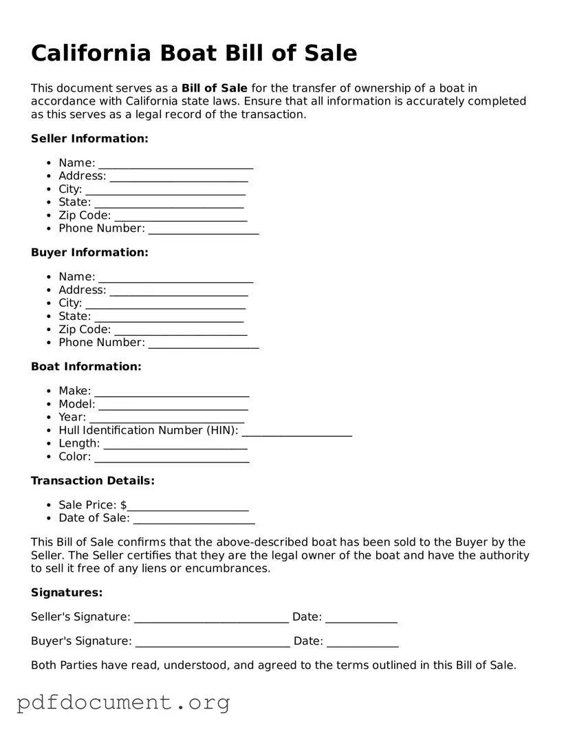 Blank Boat Bill of Sale Form for California State