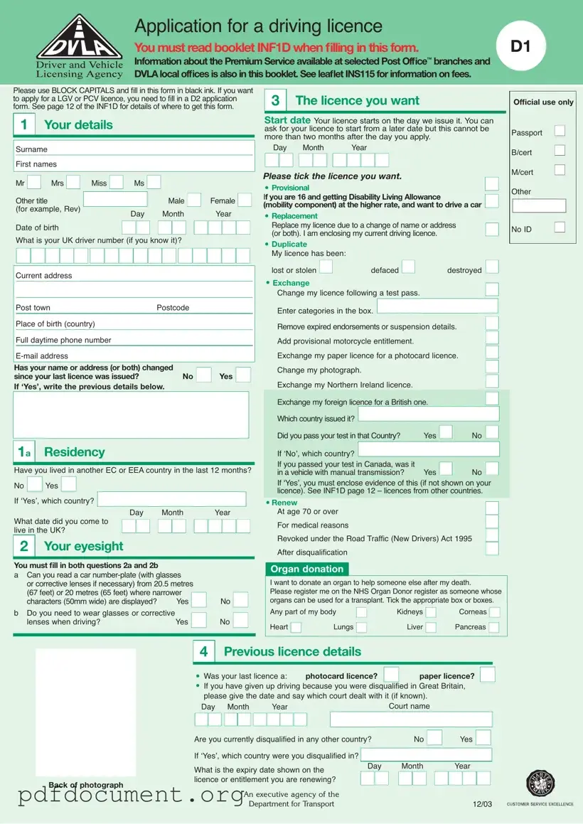 Fill Out Your D1 Dvla Form