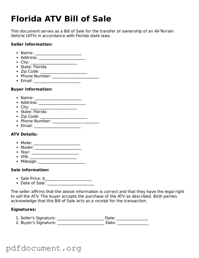 Blank ATV Bill of Sale Form for Florida State