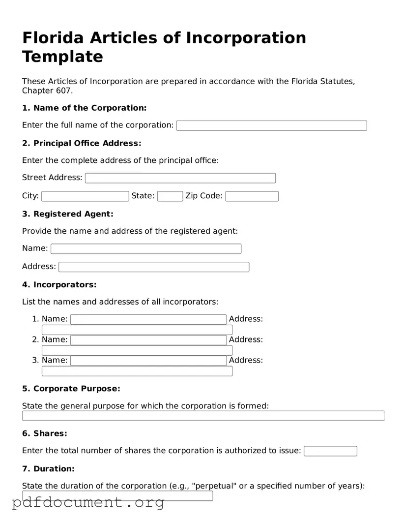 Blank Articles of Incorporation Form for Florida State