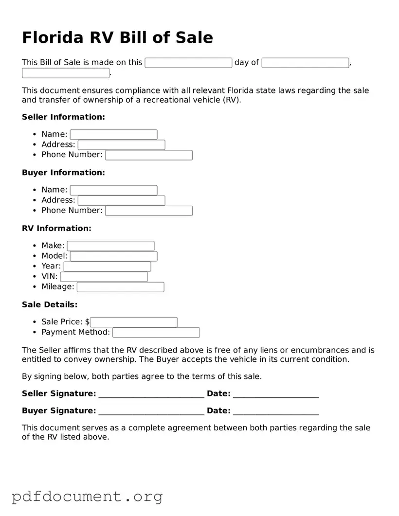 Blank RV Bill of Sale Form for Florida State