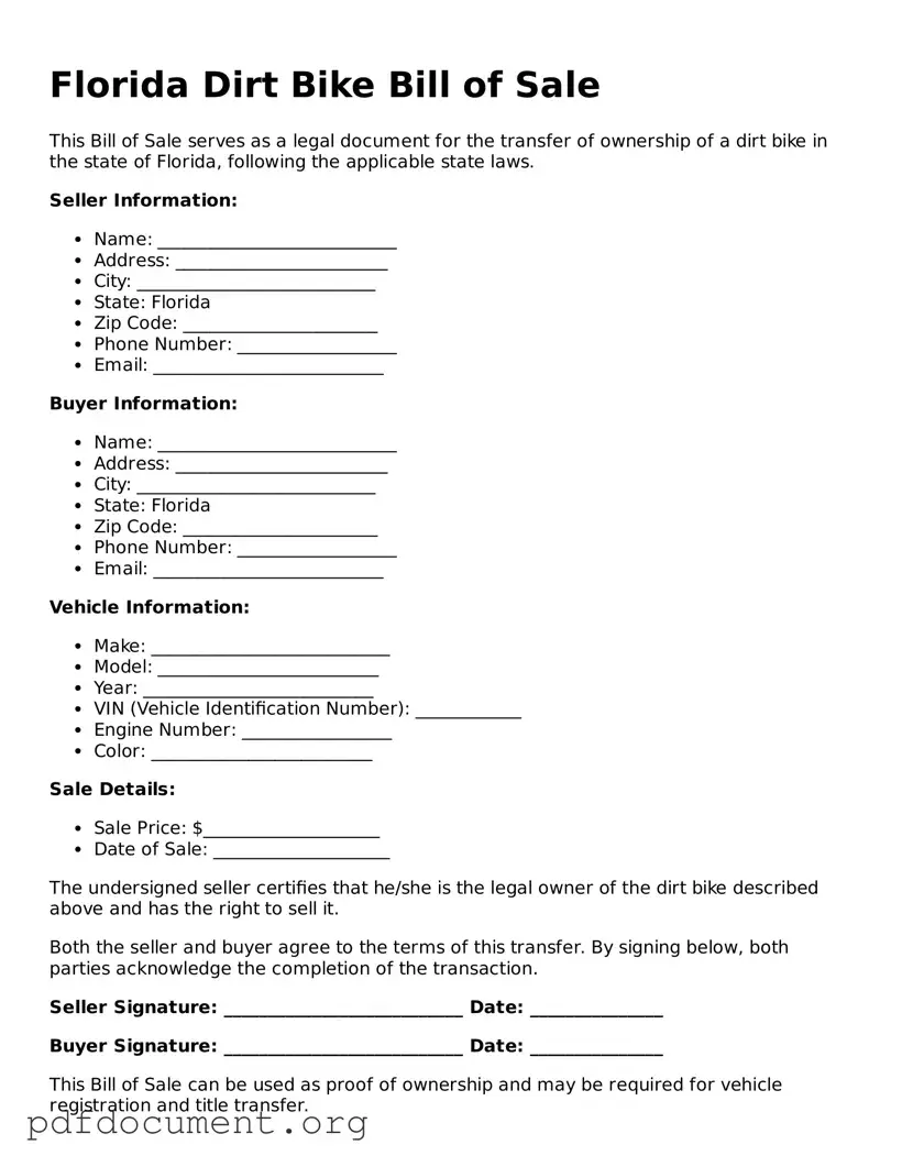 Blank Dirt Bike Bill of Sale Form for Florida State