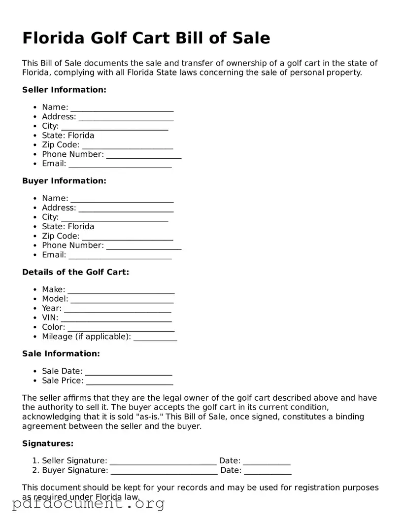 Blank Golf Cart Bill of Sale Form for Florida State