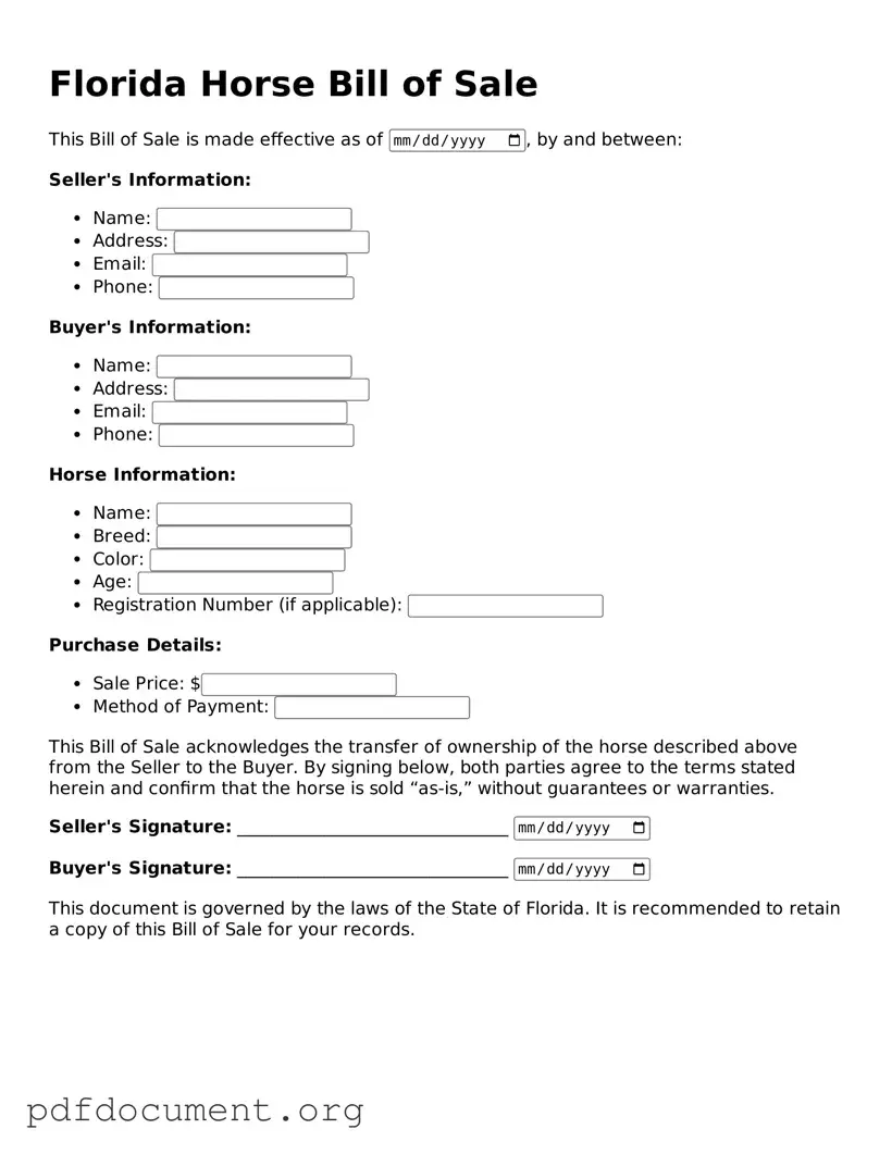 Blank Horse Bill of Sale Form for Florida State