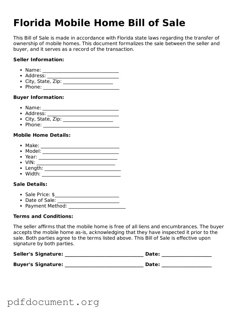 Blank Mobile Home Bill of Sale Form for Florida State