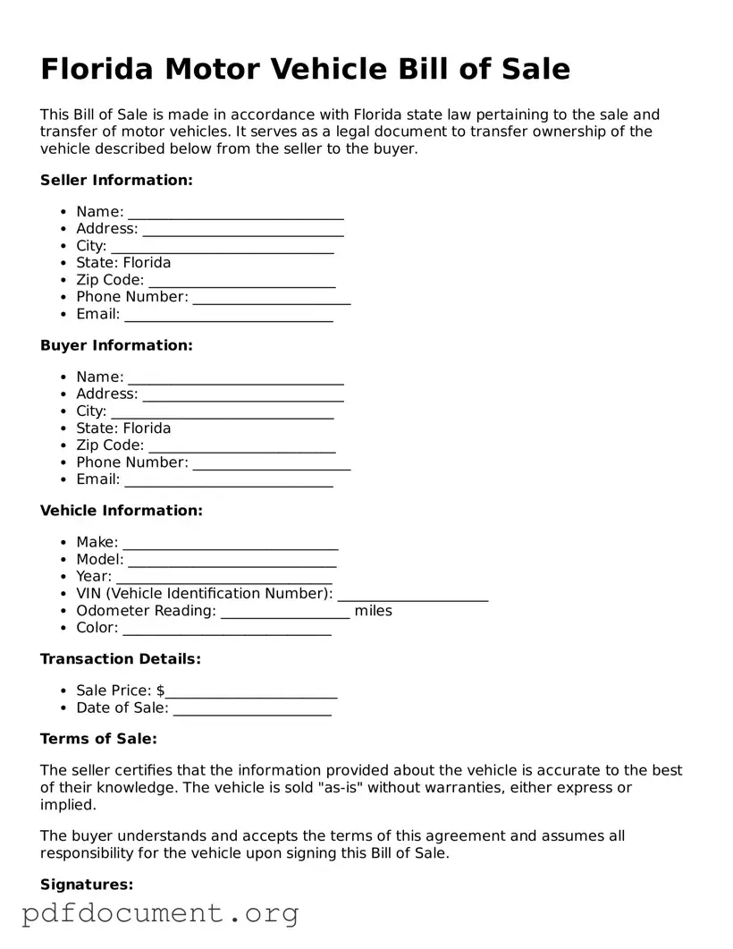 Blank Motor Vehicle Bill of Sale Form for Florida State