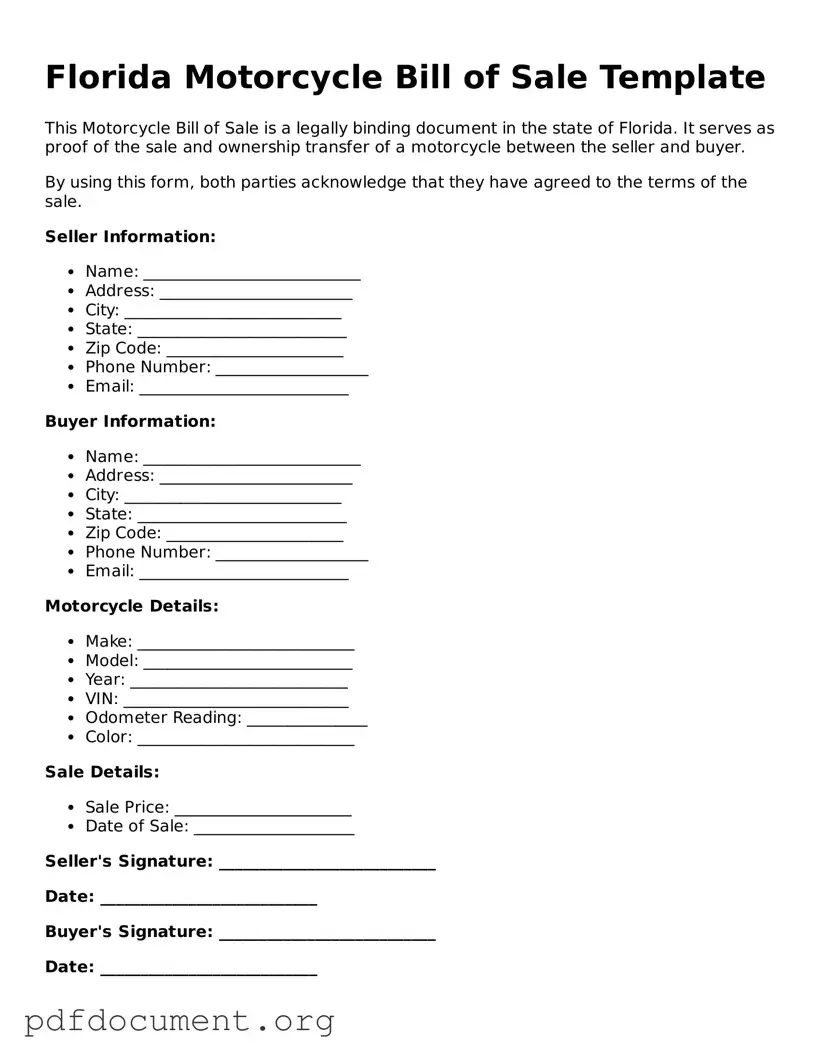 Blank Motorcycle Bill of Sale Form for Florida State
